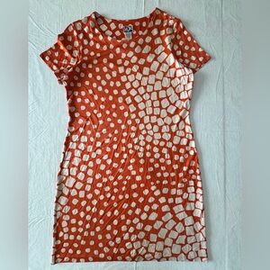 Diane von Furstenberg Silk Shirt Dress Size 14 Orange White Abstract, Retro